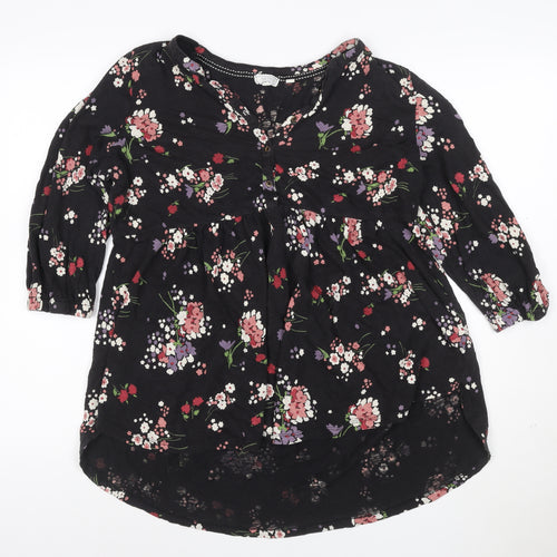 Fat Face Women's Black Floral A-Line Dress Size 14 3/4 Sleeve
