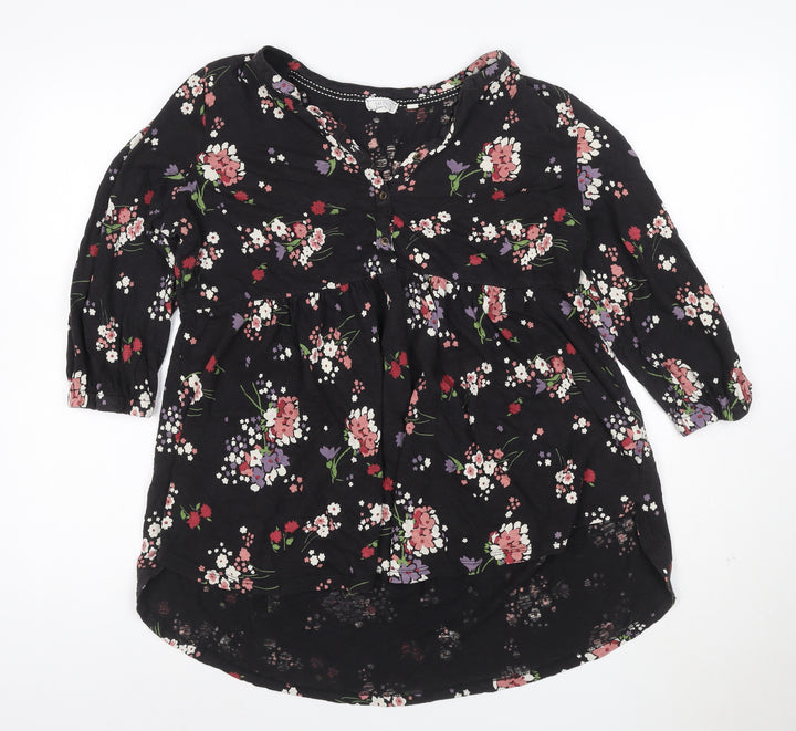 Fat Face Women's Black Floral A-Line Dress Size 14 3/4 Sleeve
