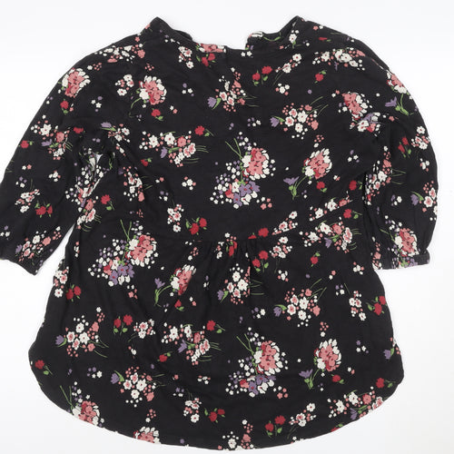 Fat Face Women's Black Floral A-Line Dress Size 14 3/4 Sleeve