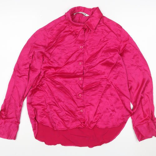 ZARA Women Pink Viscose Satin Button-Up Long Sleeve Shirt Size 12