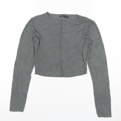 Zara Women Grey Cropped Long Sleeve Cotton Slim Fit Top Size 12