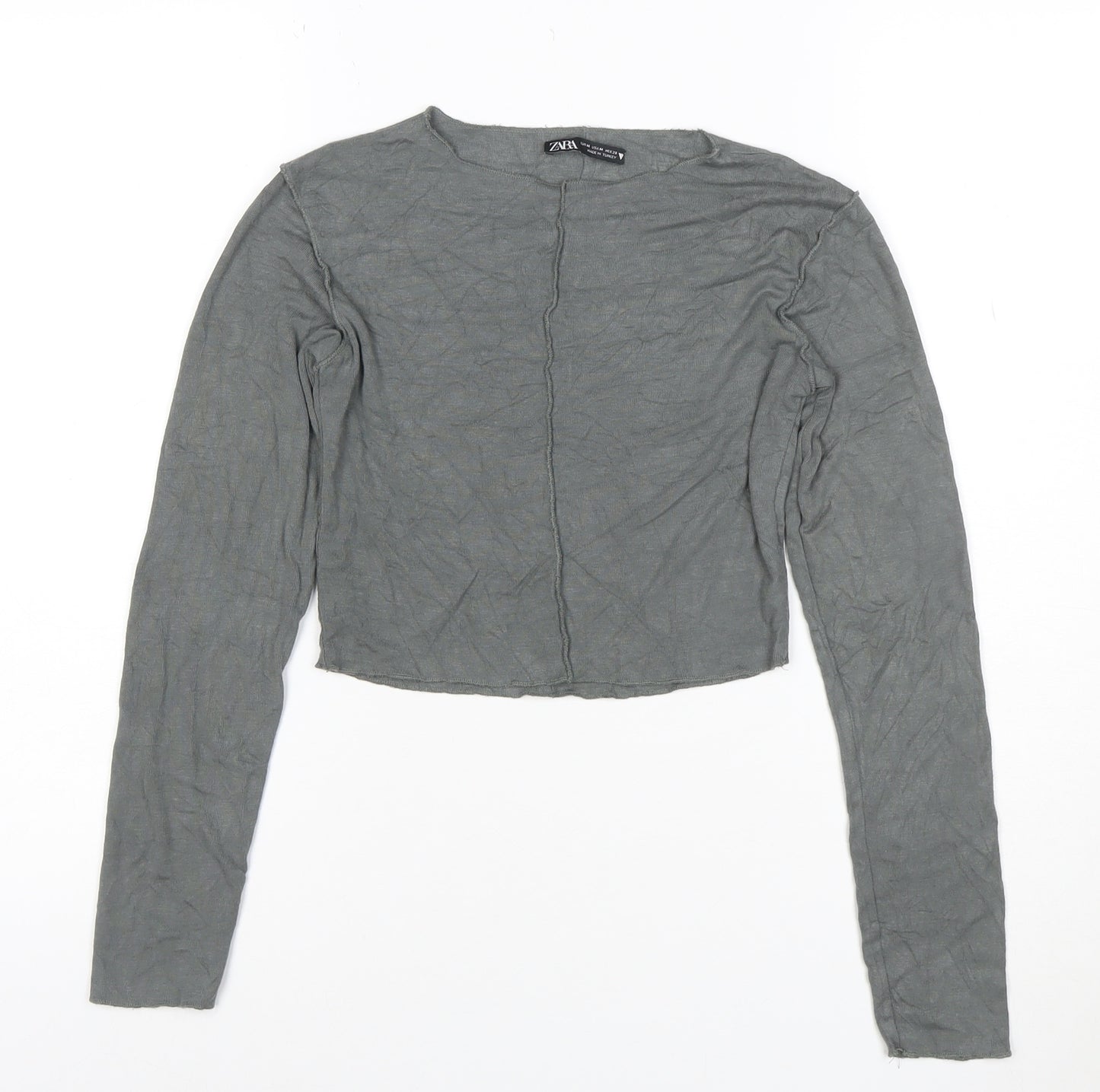 Zara Women Grey Cropped Long Sleeve Cotton Slim Fit Top Size 12