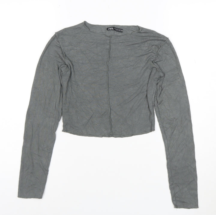 Zara Women Grey Cropped Long Sleeve Cotton Slim Fit Top Size 12