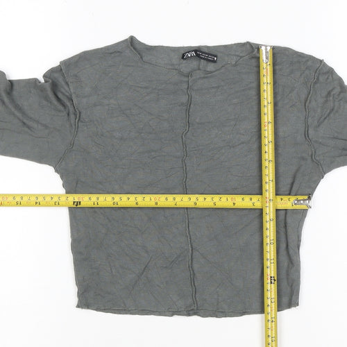 Zara Women Grey Cropped Long Sleeve Cotton Slim Fit Top Size 12