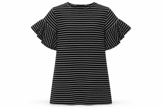 Front view of Missguided Women Black White Stripe T-Shirt Dress UK 8 Flared Sleeve