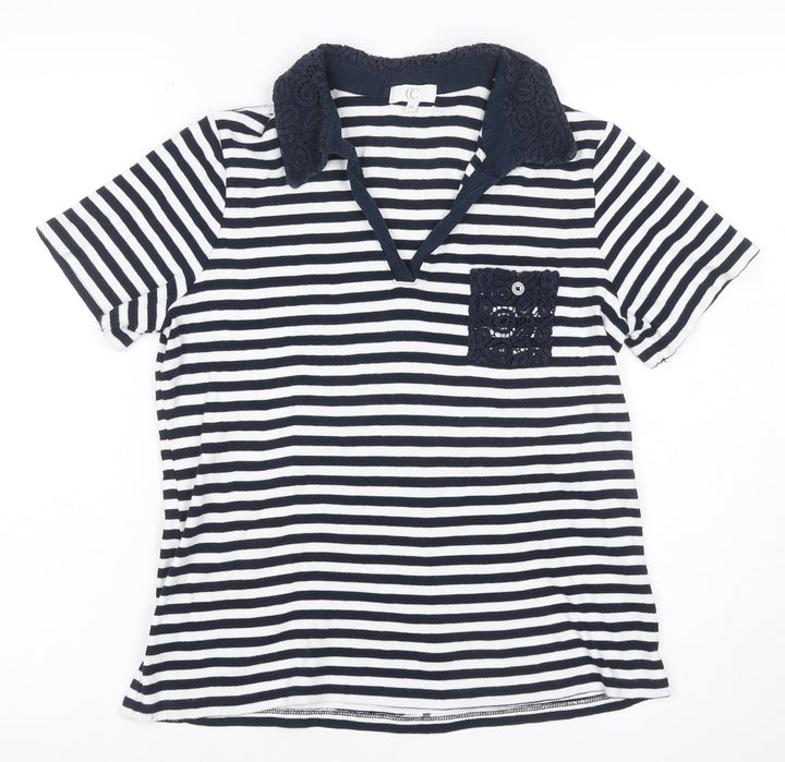 CC Women Blue Striped Cotton Polo Shirt Size M Short Sleeve