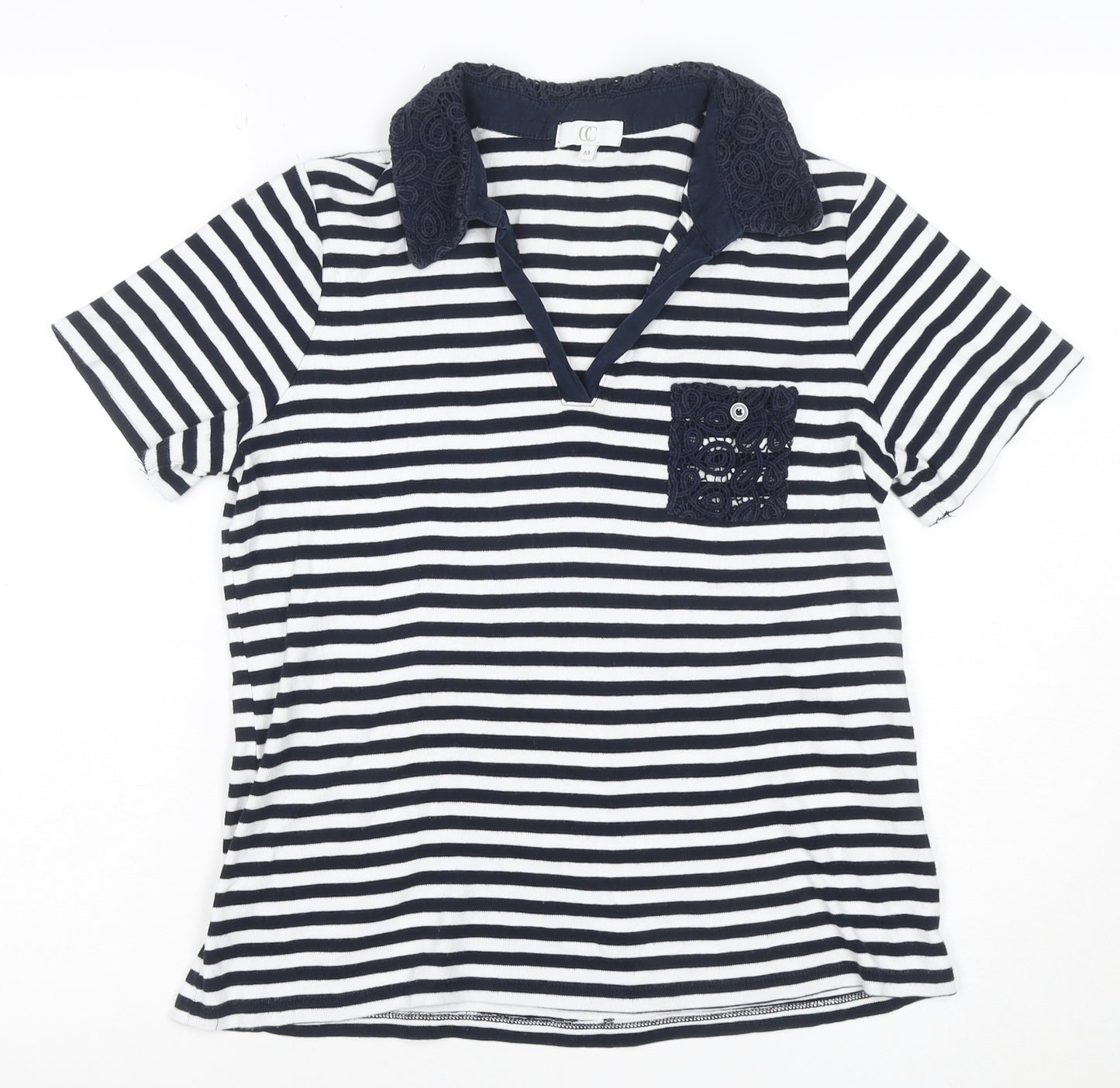CC Women Blue Striped Cotton Polo Shirt Size M Short Sleeve