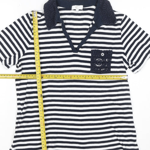 CC Women Blue Striped Cotton Polo Shirt Size M Short Sleeve