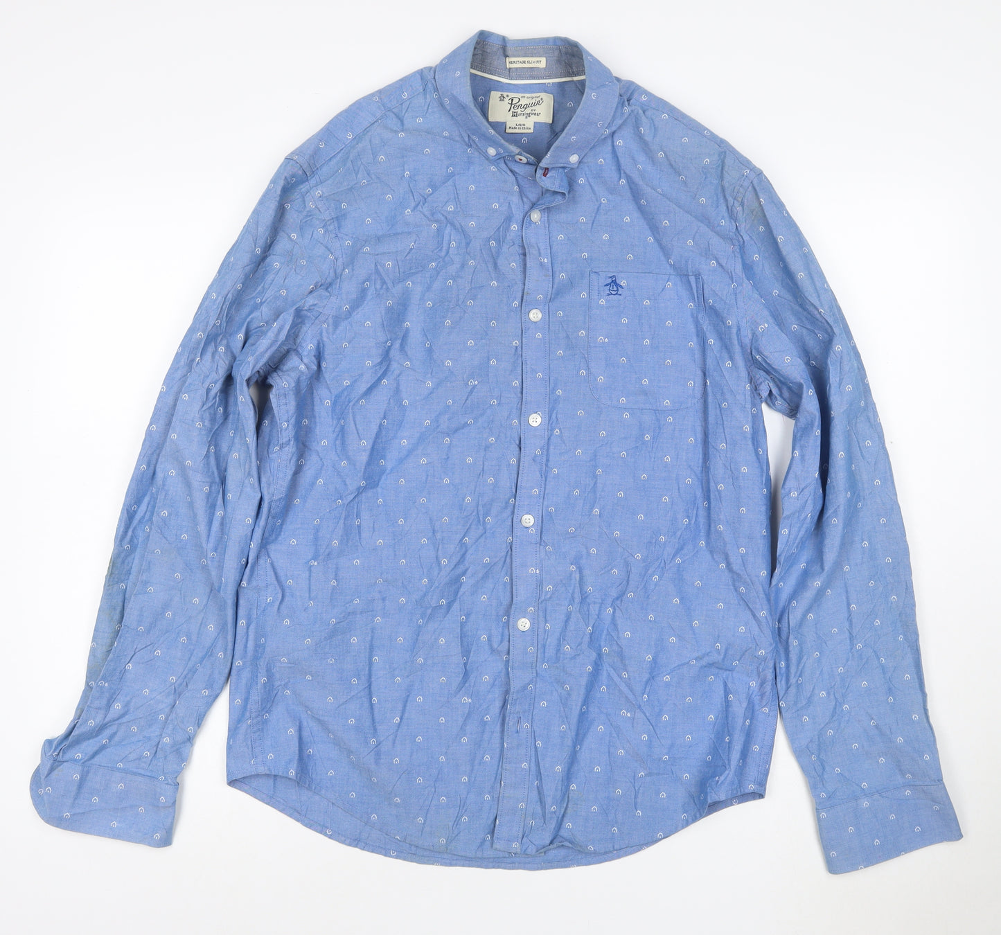 Original Penguin Men's Blue Slim Fit Button-Up Shirt L
