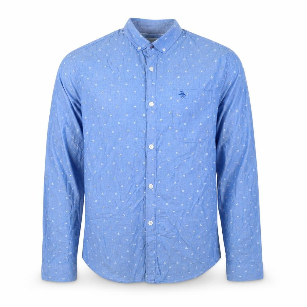 Front view of Original Penguin Men's Blue Slim Fit Button-Up Shirt L