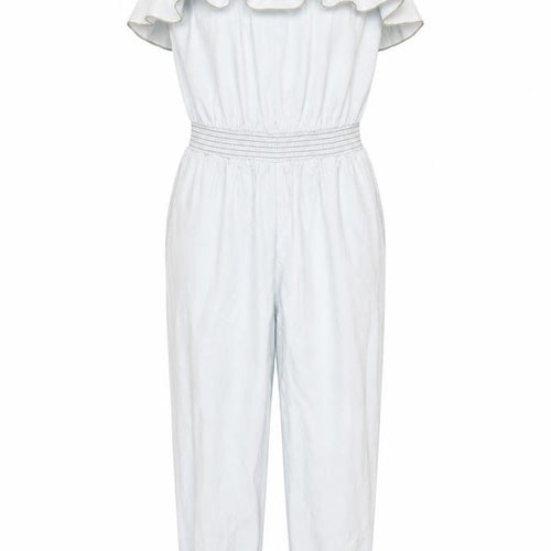 Denim Co Women Blue Strapless Ruffle Jumpsuit Size 12 Elastic Waist