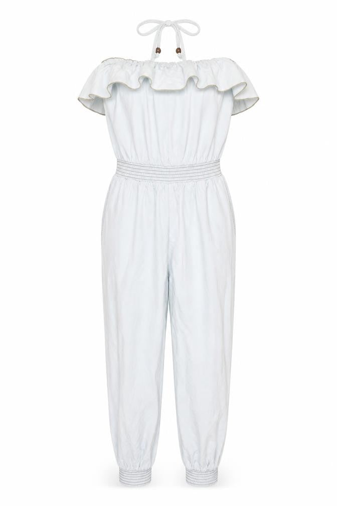 Denim Co Women Blue Strapless Ruffle Jumpsuit Size 12 Elastic Waist