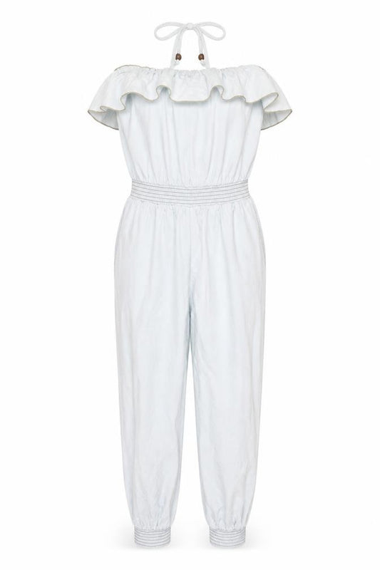 Denim Co Women Blue Strapless Ruffle Jumpsuit Size 12 Elastic Waist