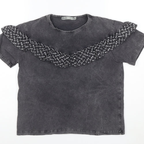 Oasis Womens Grey Ruffle Short Sleeve Cotton T-Shirt Size S