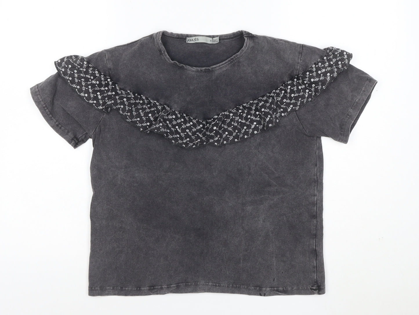Oasis Womens Grey Ruffle Short Sleeve Cotton T-Shirt Size S