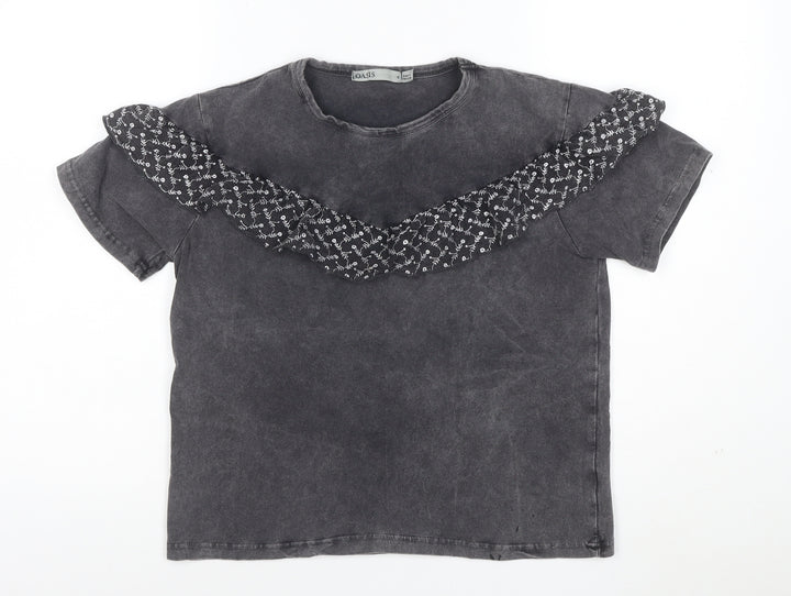 Oasis Womens Grey Ruffle Short Sleeve Cotton T-Shirt Size S