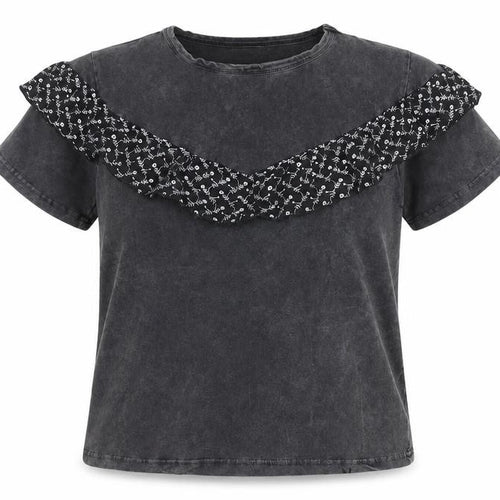 Oasis Womens Grey Ruffle Short Sleeve Cotton T-Shirt Size S