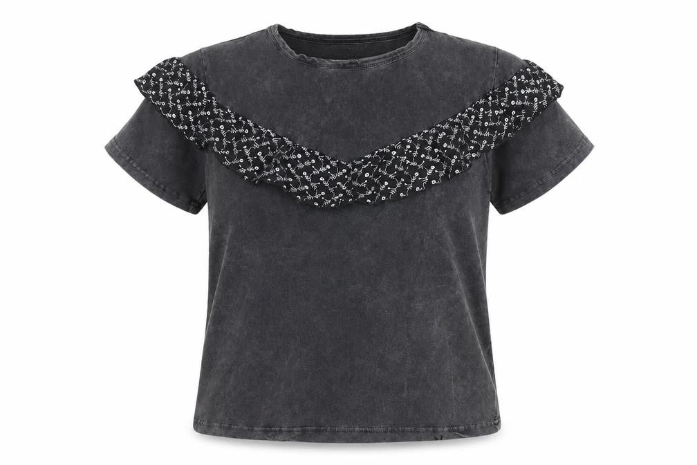 Oasis Womens Grey Ruffle Short Sleeve Cotton T-Shirt Size S