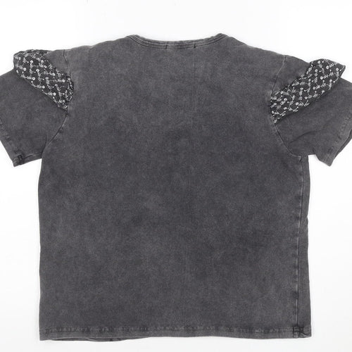 Oasis Womens Grey Ruffle Short Sleeve Cotton T-Shirt Size S