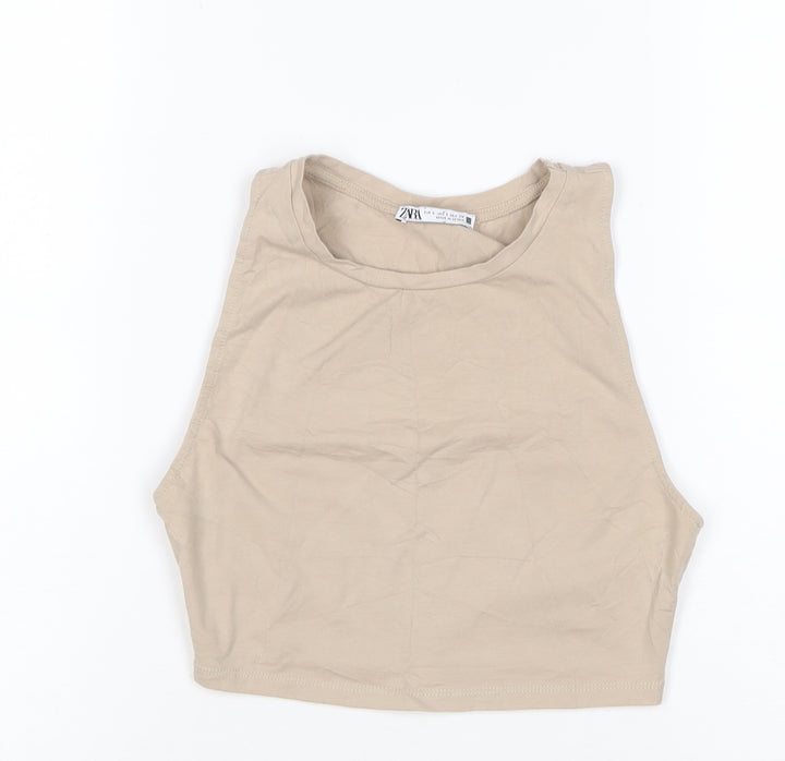 ZARA Women Beige Cropped Cotton Tank Top Size S