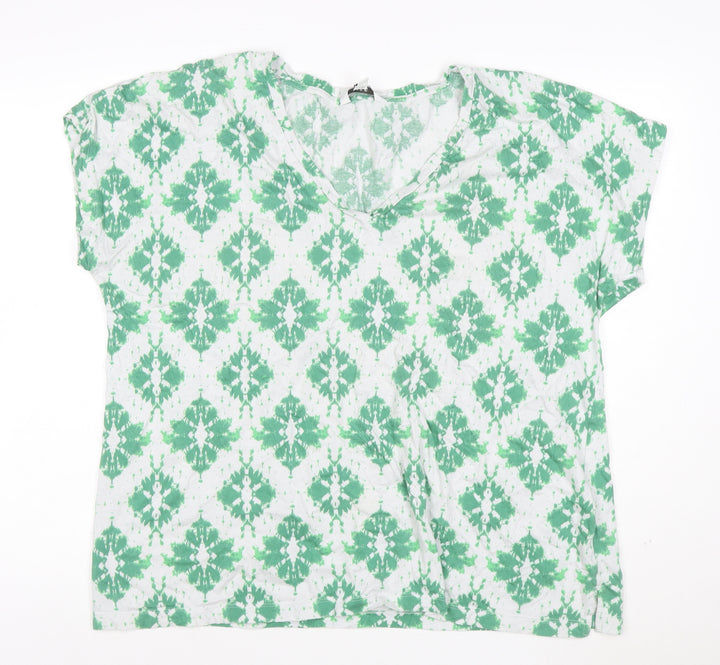 Marks and Spencer Women’s Green Geometric V-Neck Jersey T-Shirt Size 18