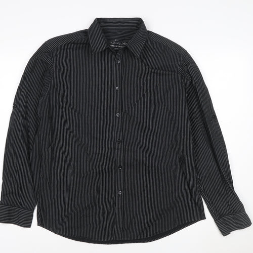 Next Men's Black Pinstripe Cotton Long Sleeve Button-Up Shirt Large