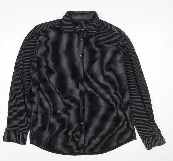Next Men's Black Pinstripe Cotton Long Sleeve Button-Up Shirt Large