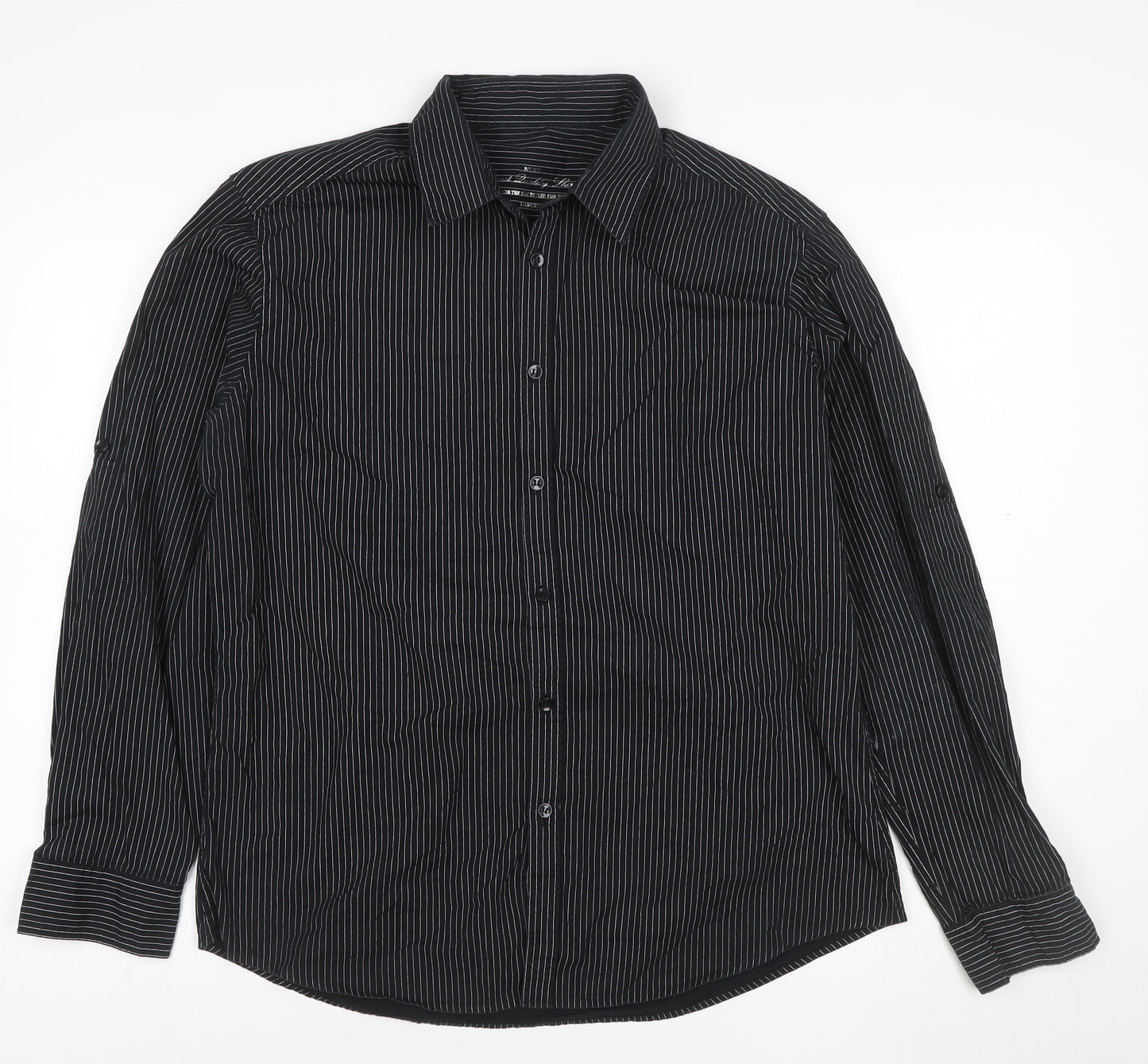 Next Men's Black Pinstripe Cotton Long Sleeve Button-Up Shirt Large