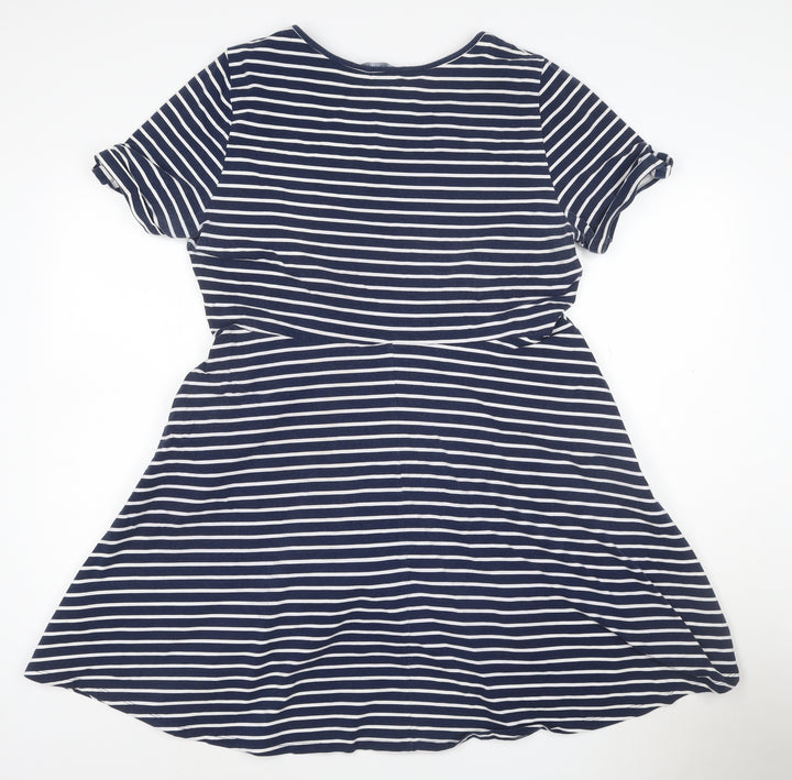 Dorothy Perkins Women Blue Striped Skater Dress Size 18 Short Sleeve