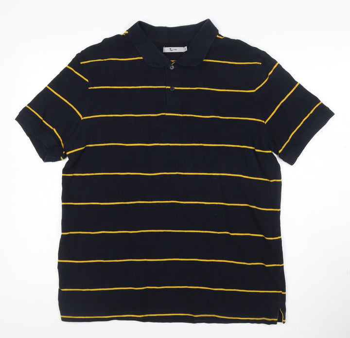 Tu Men’s Blue Yellow Striped Cotton Polo Shirt XL Regular Fit