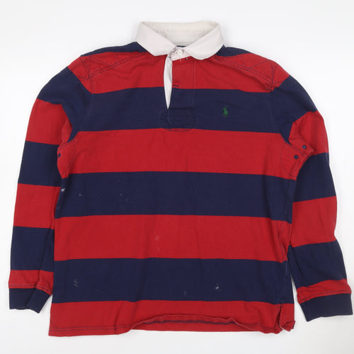 Ralph Lauren Men's Red Navy Striped Long Sleeve Polo Shirt Size L