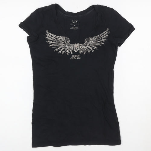 Armani Exchange Womens Black XS V-Neck Angel Wing Graphic Cotton T-Shirt