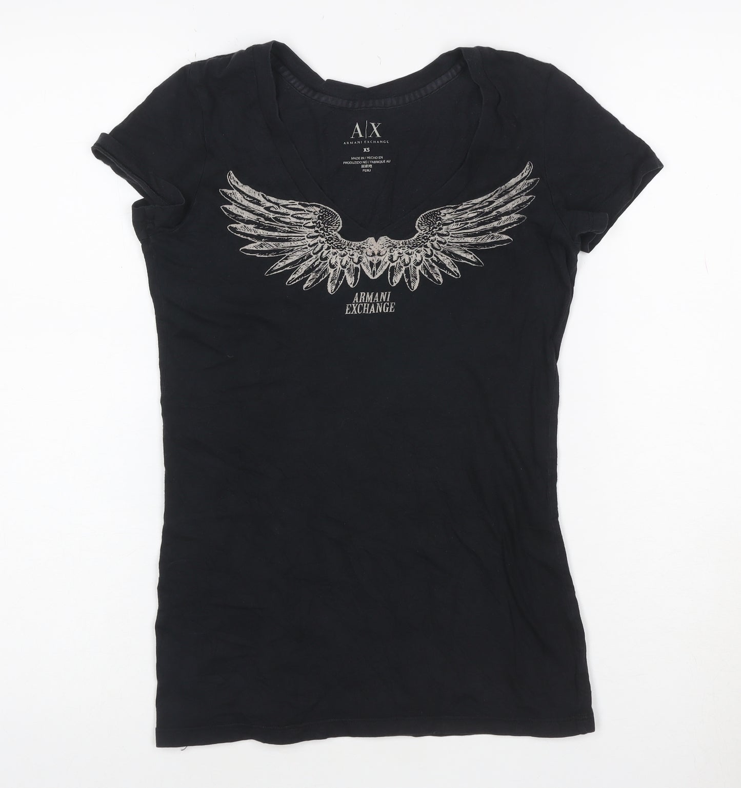 Armani Exchange Womens Black XS V-Neck Angel Wing Graphic Cotton T-Shirt