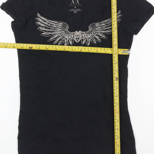 Armani Exchange Womens Black XS V-Neck Angel Wing Graphic Cotton T-Shirt