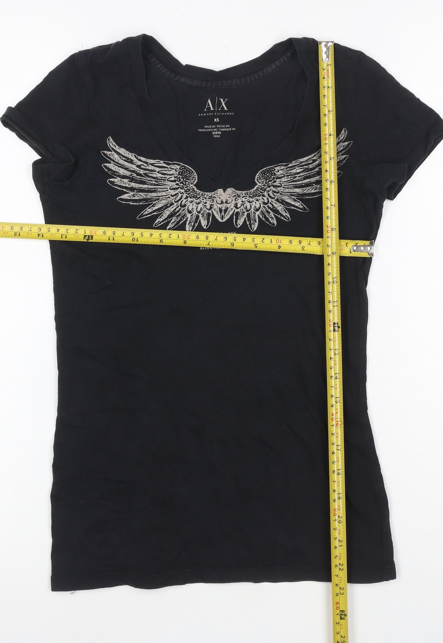Armani Exchange Womens Black XS V-Neck Angel Wing Graphic Cotton T-Shirt