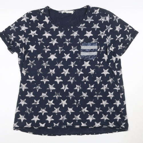 Monari Women's Blue Star Sequin Pocket Cotton T-Shirt Size 16