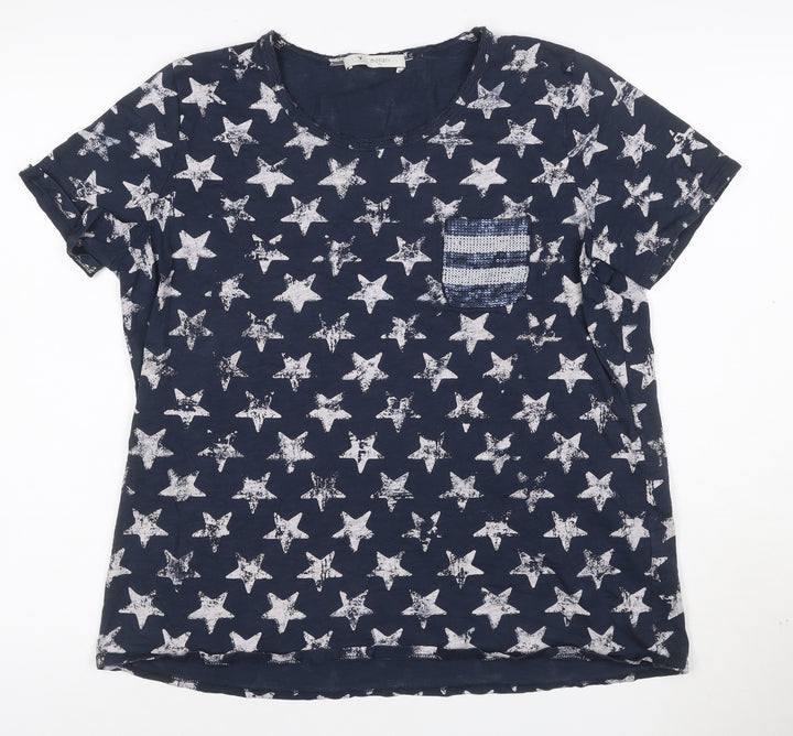 Monari Women's Blue Star Sequin Pocket Cotton T-Shirt Size 16