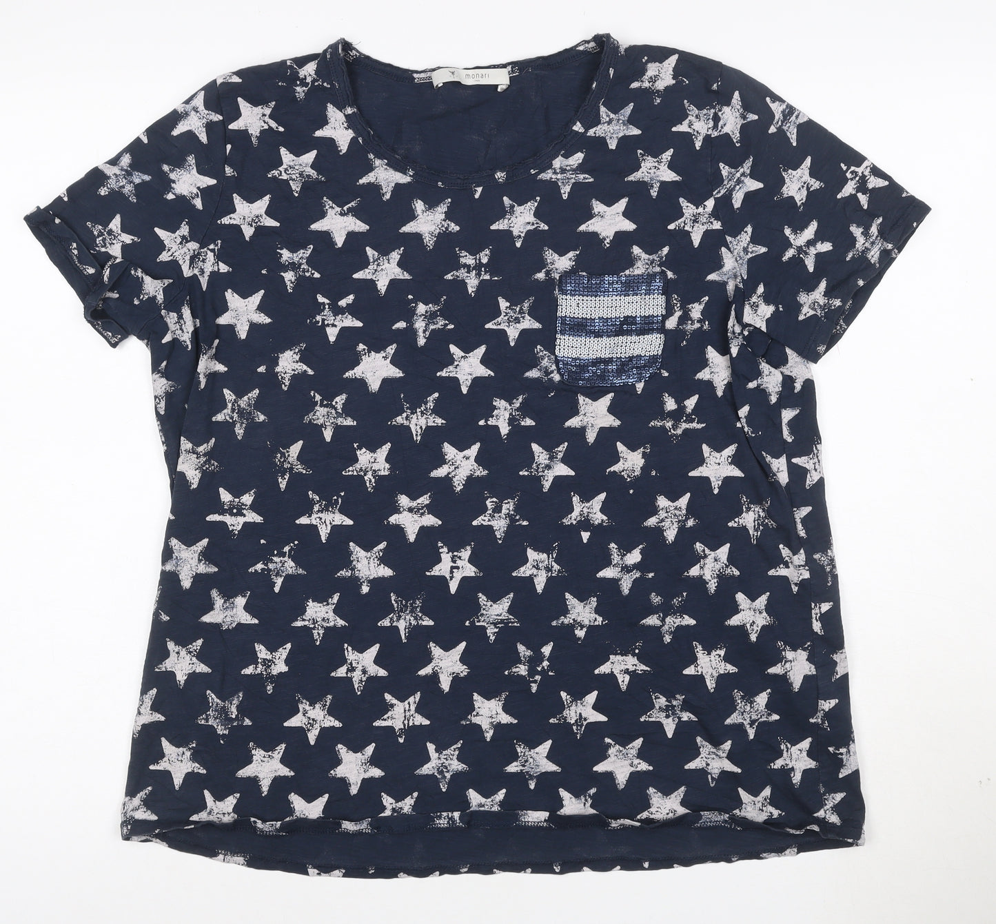 Monari Women's Blue Star Sequin Pocket Cotton T-Shirt Size 16