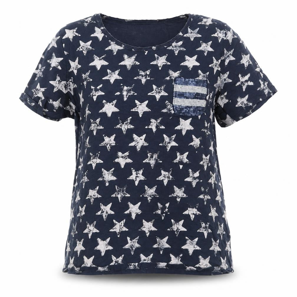 Front view of Monari Women's Blue Star Sequin Pocket Cotton T-Shirt, size 16