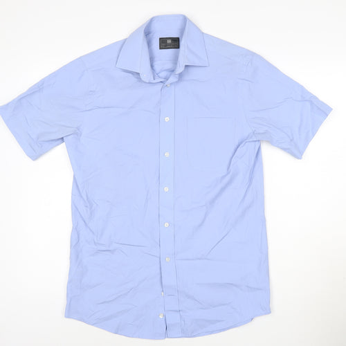 Marks and Spencer Men's Blue Short Sleeve Regular Fit Cotton Blend Shirt Size 15