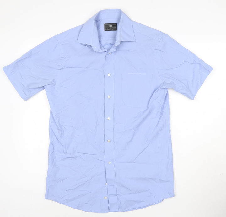 Marks and Spencer Men's Blue Short Sleeve Regular Fit Cotton Blend Shirt Size 15