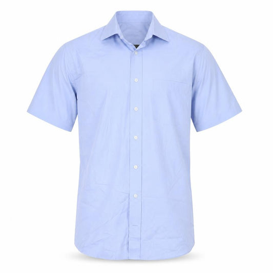 Front view of Marks & Spencer Men's Blue Short Sleeve Regular Fit Cotton Blend Shirt, size 15