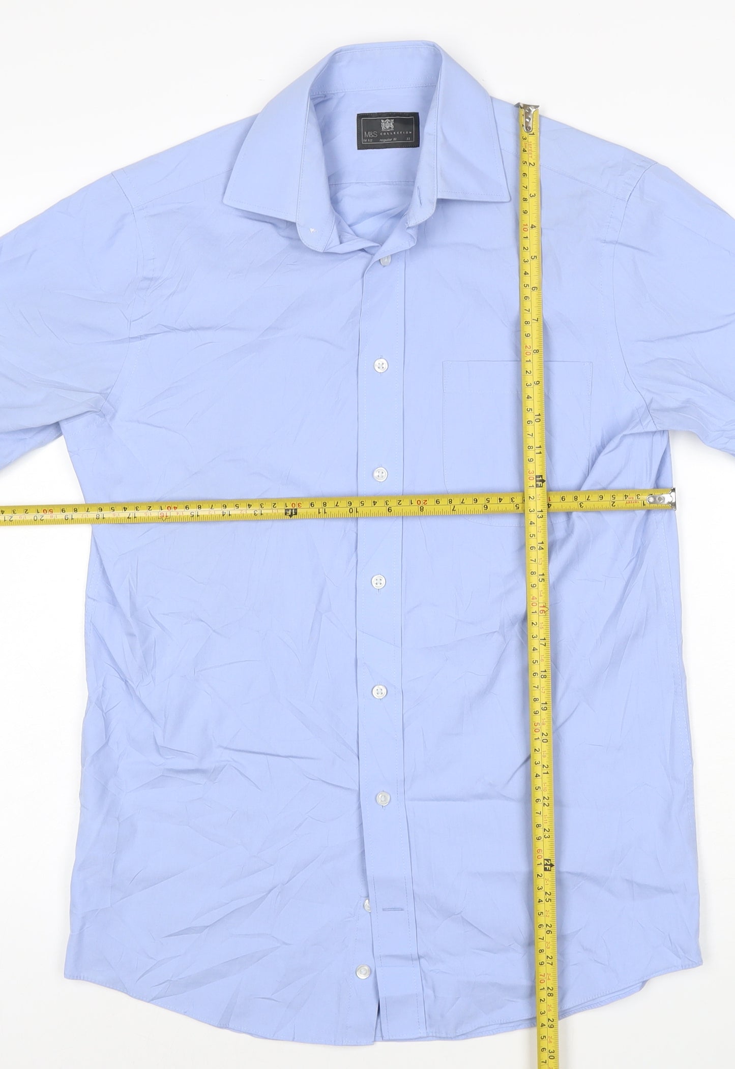 Marks and Spencer Men's Blue Short Sleeve Regular Fit Cotton Blend Shirt Size 15