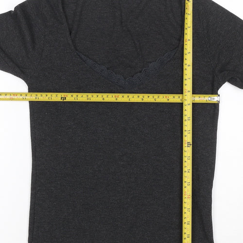 Stradivarius Women’s Grey Long Sleeve Lace V-Neck Stretch Top Size 12