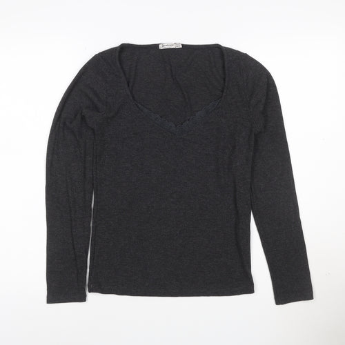 Stradivarius Women’s Grey Long Sleeve Lace V-Neck Stretch Top Size 12