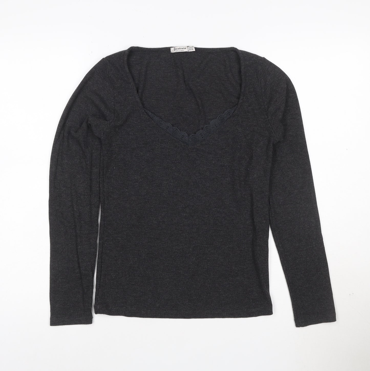 Stradivarius Women’s Grey Long Sleeve Lace V-Neck Stretch Top Size 12