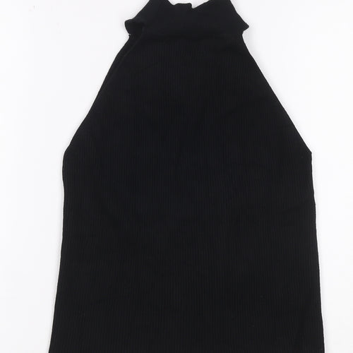 ZARA Women Black Ribbed Knit High Neck Halter Tank Top M
