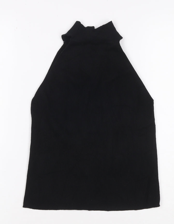 ZARA Women Black Ribbed Knit High Neck Halter Tank Top M