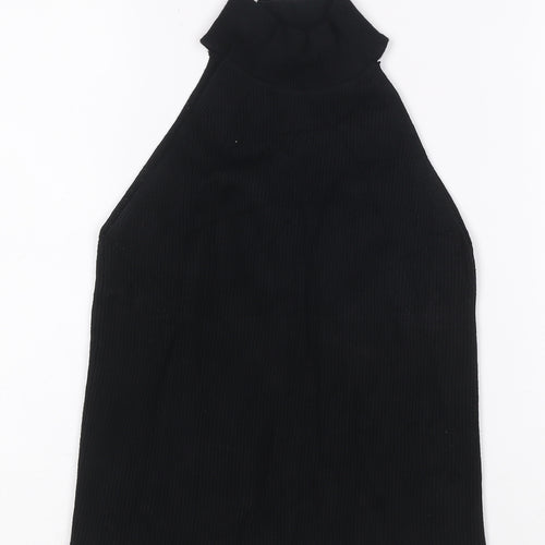 ZARA Women Black Ribbed Knit High Neck Halter Tank Top M
