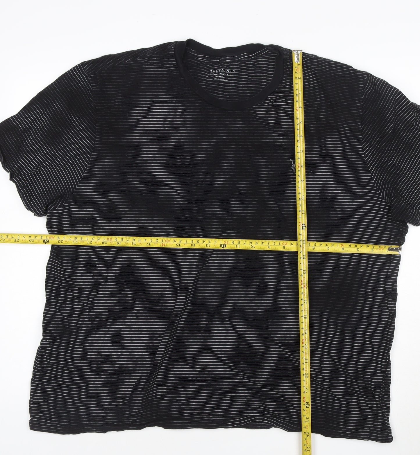AllSaints Men's Black Striped Crew Neck T-Shirt XL Organic Cotton